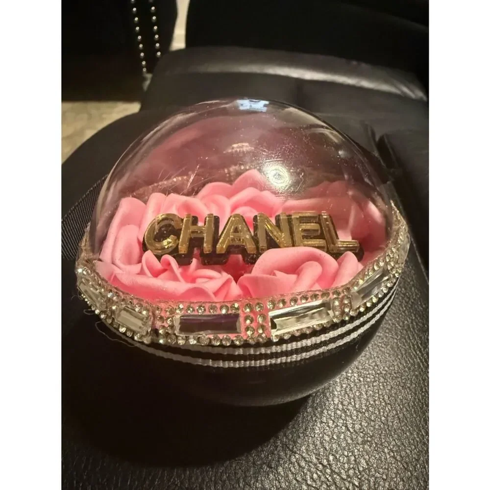 Luxury Pink Rose Ornament 4in Black Bow Gold Rhinestone Glam Chic Gift Decor